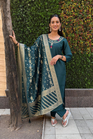 roman silk kurti-pant-dupatta-suit-set-hand-sequins-embroidered-work-color-dark-rama-green-5