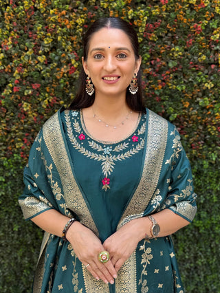 roman silk kurti-pant-dupatta-suit-set-hand-sequins-embroidered-work-color-dark-rama-green-6