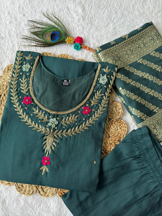 roman silk kurti-pant-dupatta-suit-set-hand-sequins-embroidered-work-color-dark-rama-green-7
