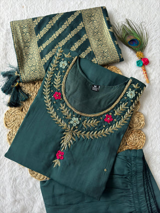 roman silk kurti-pant-dupatta-suit-set-hand-sequins-embroidered-work-color-dark-rama-green-8