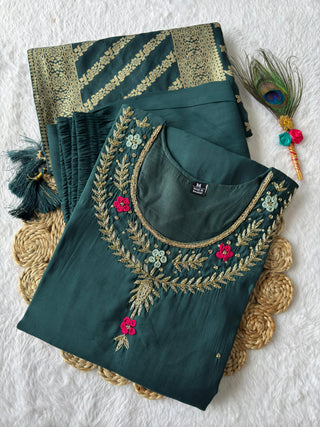 roman silk kurti-pant-dupatta-suit-set-hand-sequins-embroidered-work-color-dark-rama-green-9