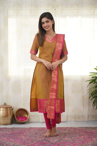 silk-cotton-kurti-legging-dupatta-set-with-weaving-work-color-brown-1