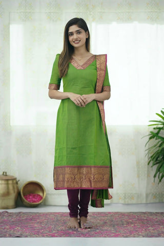 silk-cotton-kurti-legging-dupatta-set-with-weaving-work-color-green-1