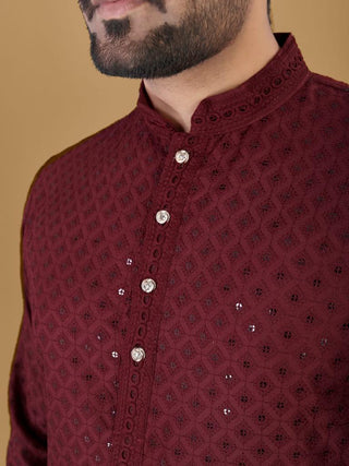 straight-fit-men-kurta-with-sequin-work-brown