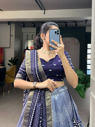 tussar-silk-lehenga-blouse-dupatta-with-dot-ikkat-print-with-foil-work-color-blue-1