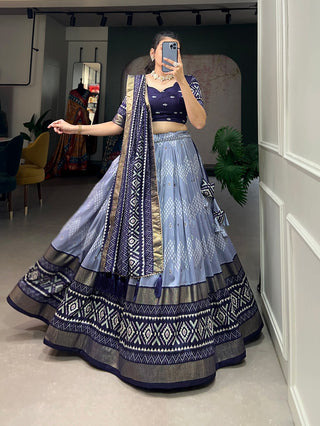 tussar-silk-lehenga-blouse-dupatta-with-dot-ikkat-print-with-foil-work-color-blue-2