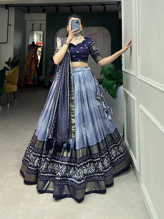 tussar-silk-lehenga-blouse-dupatta-with-dot-ikkat-print-with-foil-work-color-blue-3