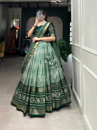 tussar-silk-lehenga-blouse-dupatta-with-dot-ikkat-print-with-foil-work-color-green-1