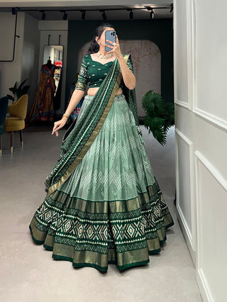 tussar-silk-lehenga-blouse-dupatta-with-dot-ikkat-print-with-foil-work-color-green-2