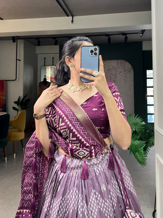 tussar-silk-lehenga-blouse-dupatta-with-dot-ikkat-print-with-foil-work-color-purple-1