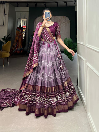 tussar-silk-lehenga-blouse-dupatta-with-dot-ikkat-print-with-foil-work-color-purple-2