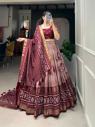 tussar-silk-lehenga-blouse-dupatta-with-dot-ikkat-print-with-foil-work-color-wine-1