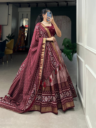 tussar-silk-lehenga-blouse-dupatta-with-dot-ikkat-print-with-foil-work-color-wine-2
