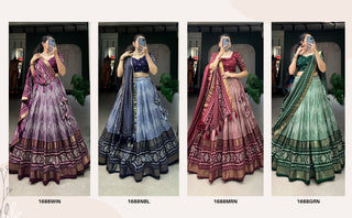 tussar-silk-lehenga-blouse-dupatta-with-dot-ikkat-print-with-foil-work