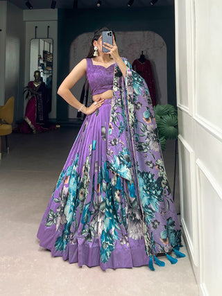 tussar-silk-lehenga-choli-dupatta-set-print-work-color-purple
