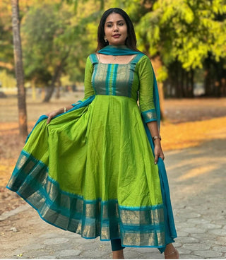 vichitra-silk-gown-dupatta-jacquard-weaving-zari-border-work-color-green-2