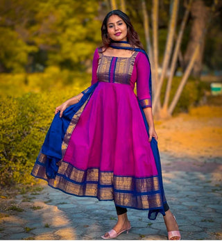 vichitra-silk-gown-dupatta-jacquard-weaving-zari-border-work-color-rani-1
