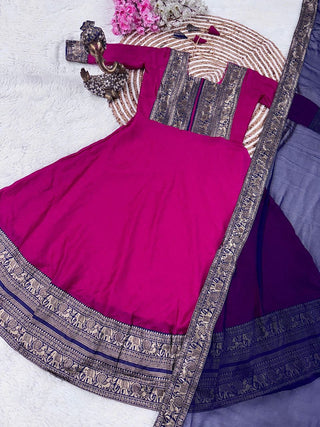 vichitra-silk-gown-dupatta-jacquard-weaving-zari-border-work-color-rani-3