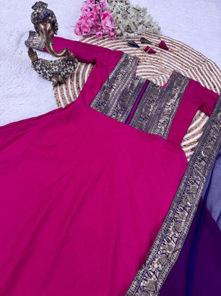 vichitra-silk-gown-dupatta-jacquard-weaving-zari-border-work-color-rani-4