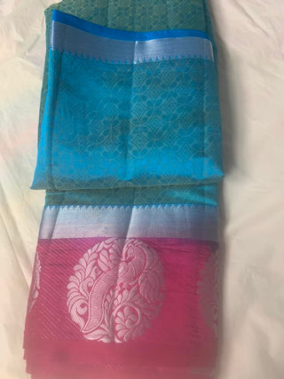Tussar Silk With Contrast Blouse - Blue
