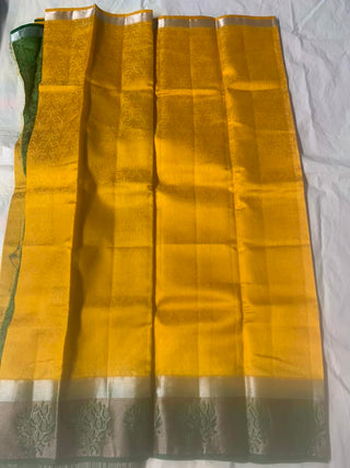 2-3 Days Delivery! Tussar Silk With Contrast Blouse - Yellow With Green Zari
