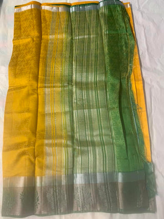 2-3 Days Delivery! Tussar Silk With Contrast Blouse - Yellow With Green Zari