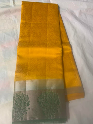 2-3 Days Delivery! Tussar Silk With Contrast Blouse - Yellow With Green Zari
