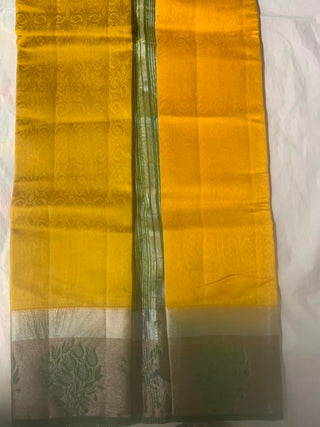 2-3 Days Delivery! Tussar Silk With Contrast Blouse - Yellow With Green Zari