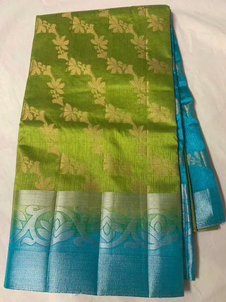 Parrot Green With Contrast Sky Blue Pallu with Silver colour Border  Tussar  Silk Fancy Saree