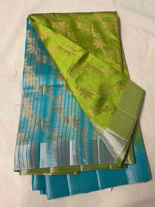 Parrot Green With Contrast Sky Blue Pallu with Silver colour Border  Tussar  Silk Fancy Saree