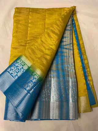 Fancy Geometrical Design Tusser Silk With Contrast Blouse , Body colour of Saree is Rama Green With Sky Blue Pallu