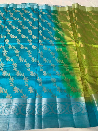Parrot Green With Contrast Sky Blue Pallu with Silver colour Border  Tussar  Silk Fancy Saree