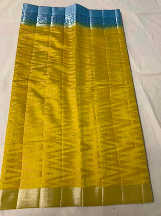 Fancy Geometrical Design Tusser Silk With Contrast Blouse , Body colour of Saree is Rama Green With Sky Blue Pallu