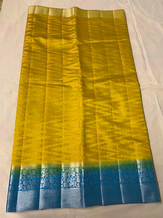 Fancy Geometrical Design Tusser Silk With Contrast Blouse , Body colour of Saree is Rama Green With Sky Blue Pallu