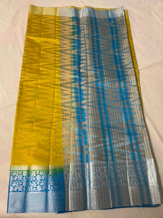 Fancy Geometrical Design Tusser Silk With Contrast Blouse , Body colour of Saree is Rama Green With Sky Blue Pallu