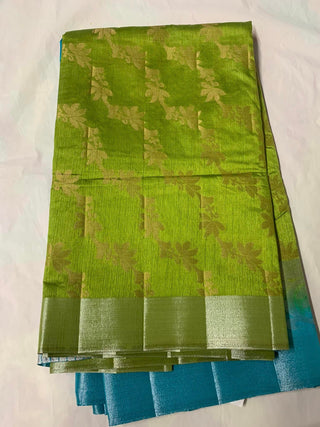 Parrot Green With Contrast Sky Blue Pallu with Silver colour Border  Tussar  Silk Fancy Saree