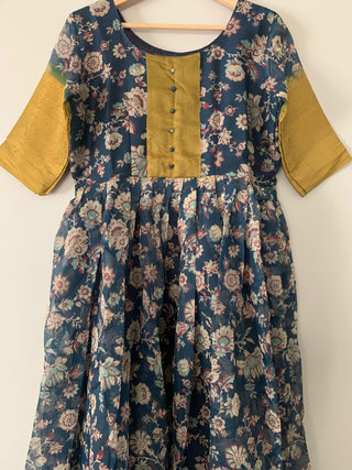 Printed Blue Color Gown with Golden Color Weaving Border