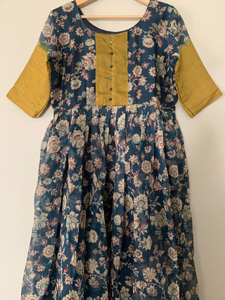 Printed Blue Color Gown with Golden Color Weaving Border