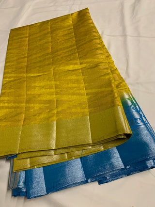 Fancy Geometrical Design Tusser Silk With Contrast Blouse , Body colour of Saree is Rama Green With Sky Blue Pallu