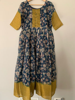 Printed Blue Color Gown with Golden Color Weaving Border