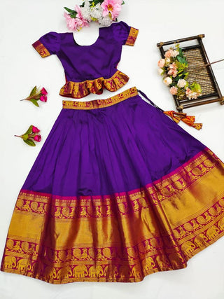 HATHI WEAVING LEGHENGA FOR CHILDREN-PURPLE AND GOLDEN COLOUR