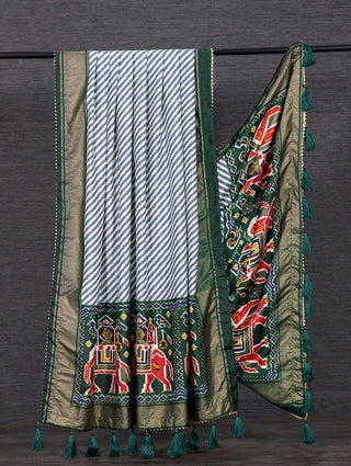 Green Colour Dola Silk Dupatta, Laheriya - Patola Print and Foil Work also comes with Tassels