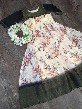 Printed green color Gown with Weaving Border
