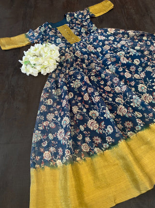 Printed  Blue color gown with weaving border