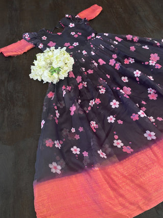 Printed Black Color Gown With Weaving Border