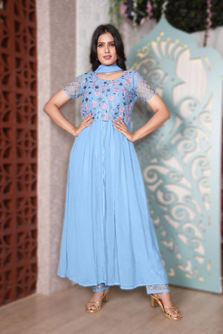 georgette embroidery zari gown sky blue