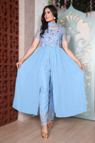 georgette embroidery zari gown sky blue