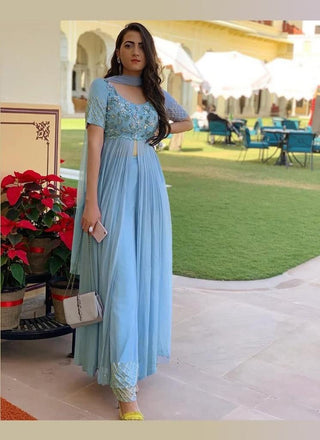 georgette embroidery zari gown sky blue