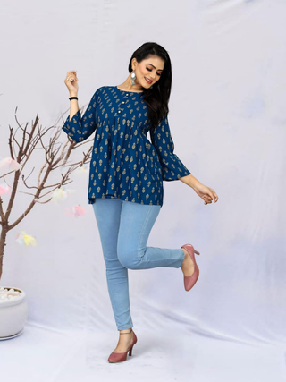 Classy Design Jeans Tops with Foil Print(blue Colour)