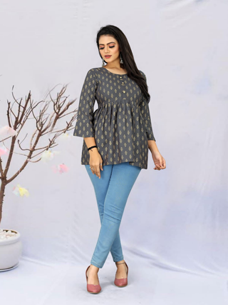 Classy Design Jeans Tops with Foil Print(Grey Colour)